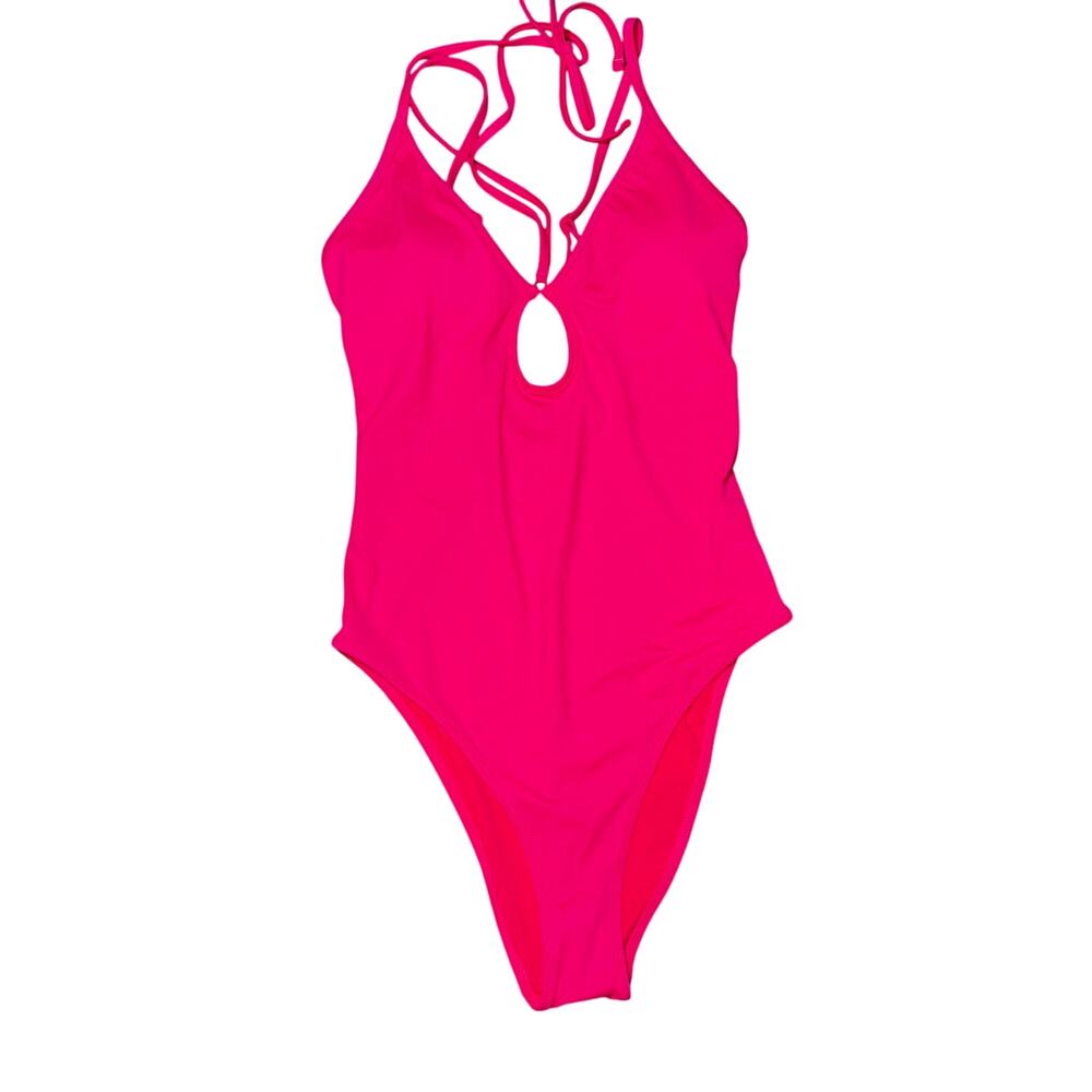 Aerie Swim Bathing suit Keyhole Halter One Piece Cheeky Tie Neck Hot Pink  Med